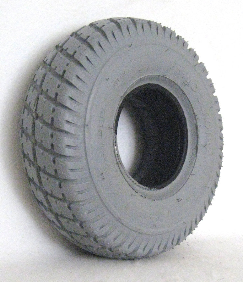 10x3 Foam-Filled Mobility Tire with Aqua Tread, close-up view showing the smooth, hole-centered design and distinctive tread pattern, ideal for mobility devices without needing an inner tube.