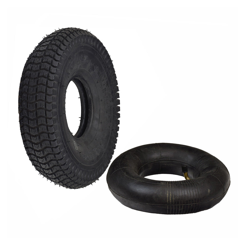 3.00-4 (10x3) Black Mobility Tire and Inner Tube Set with Traction Tread showing a black rubber tire next to a matching inner tube, designed for mobility scooters and power chairs.