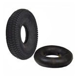 3.00-4 (10x3) Black Mobility Tire and Inner Tube Set with Traction Tread showing a black rubber tire next to a matching inner tube, designed for mobility scooters and power chairs.