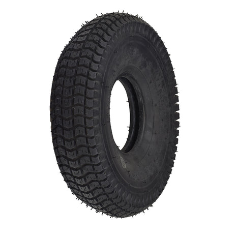 3.00-4 (10x3) Black Mobility Tire and Inner Tube Set with Traction Tread, featuring a non-marking rubber tire with a central hole and detailed tread pattern for enhanced grip.