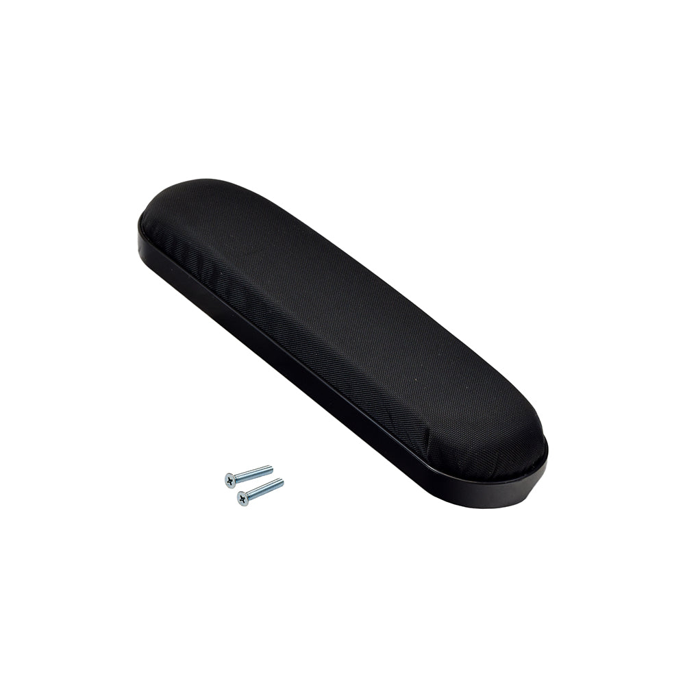 10 Padded Black Nylon Armrest for Mobility Scooters (Set of 2) featuring a black case with screws and a black cushion, designed for easy mounting and affordable replacement.