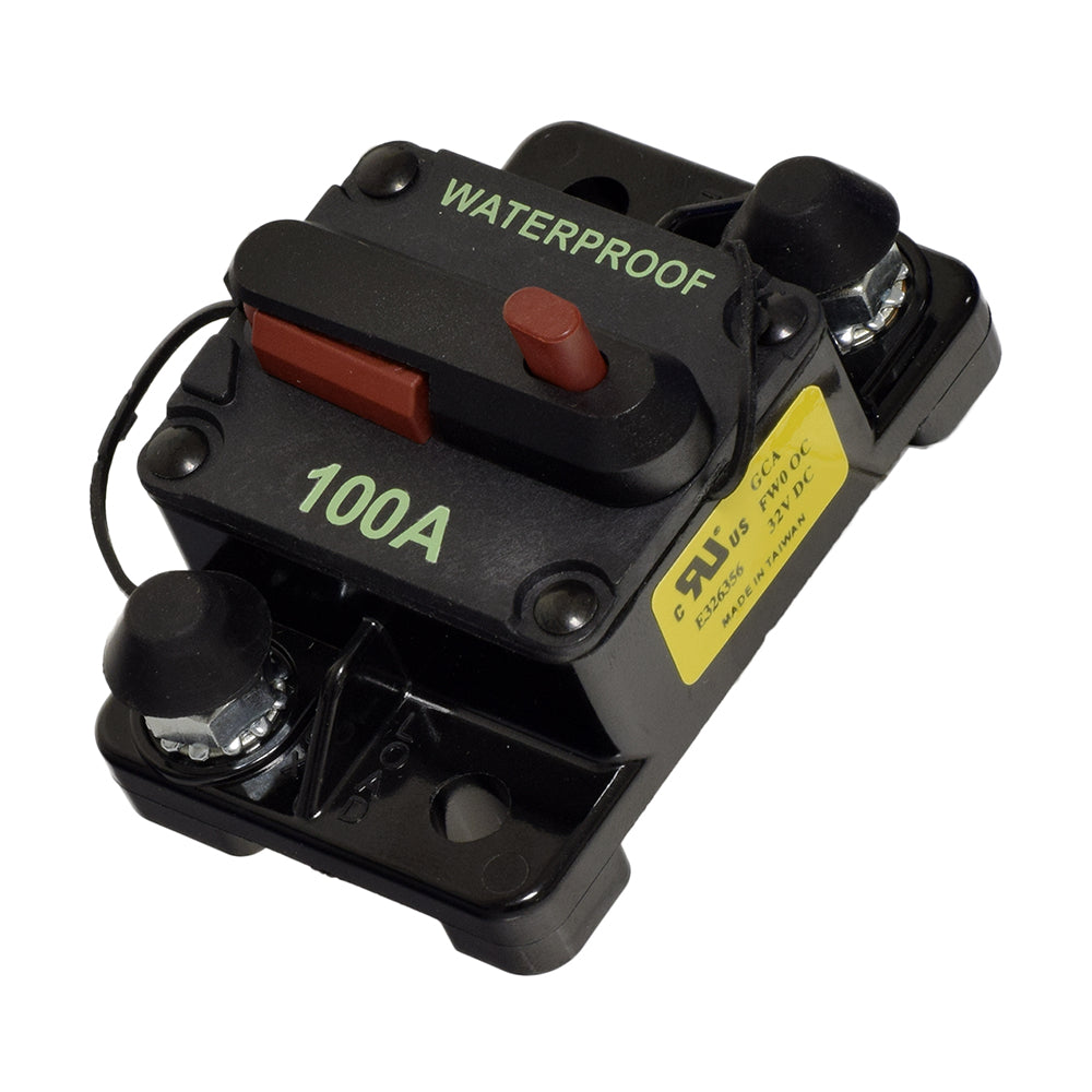 100 Amp Circuit Breaker for the Pride Pursuit XL (SC714) mobility scooter, featuring a red button and a yellow label.