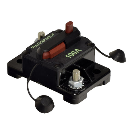 100 Amp Circuit Breaker for the Pride Pursuit XL (SC714), featuring a black electrical device with visible red buttons and a cable, suitable for various mobility scooters including Baja Raptor 2 and Wrangler 2.