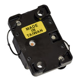 100 Amp Circuit Breaker for the Pride Pursuit XL (SC714) mobility scooter, featuring a black rectangular body with a prominent yellow label and visible circular components.