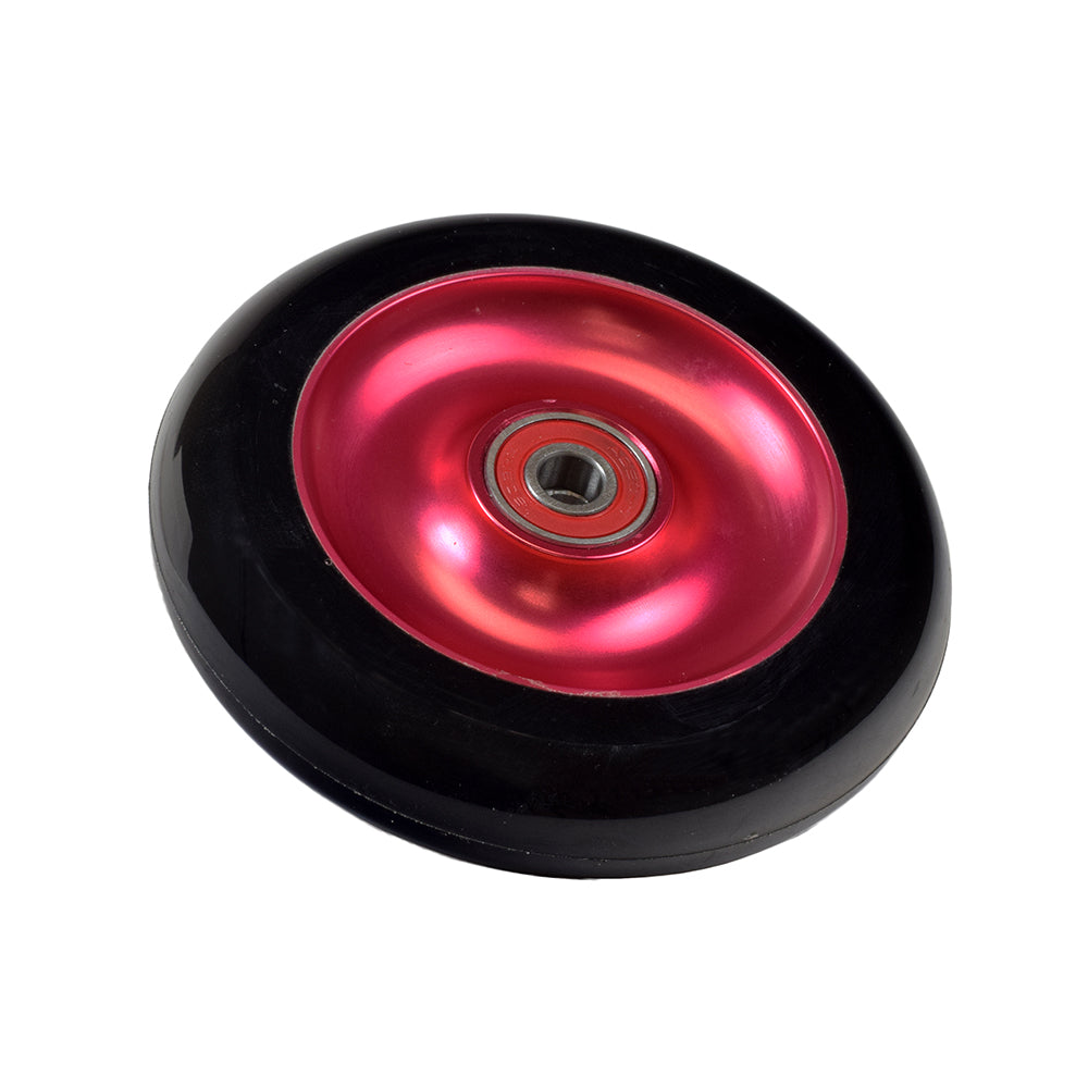 100 mm Solid Core Kick Scooter Wheel with 608-2RS Bearings features a black solid hub and red rim, designed for debris prevention and stability. Ideal for professional-level performance and compatible with various scooter sizes.