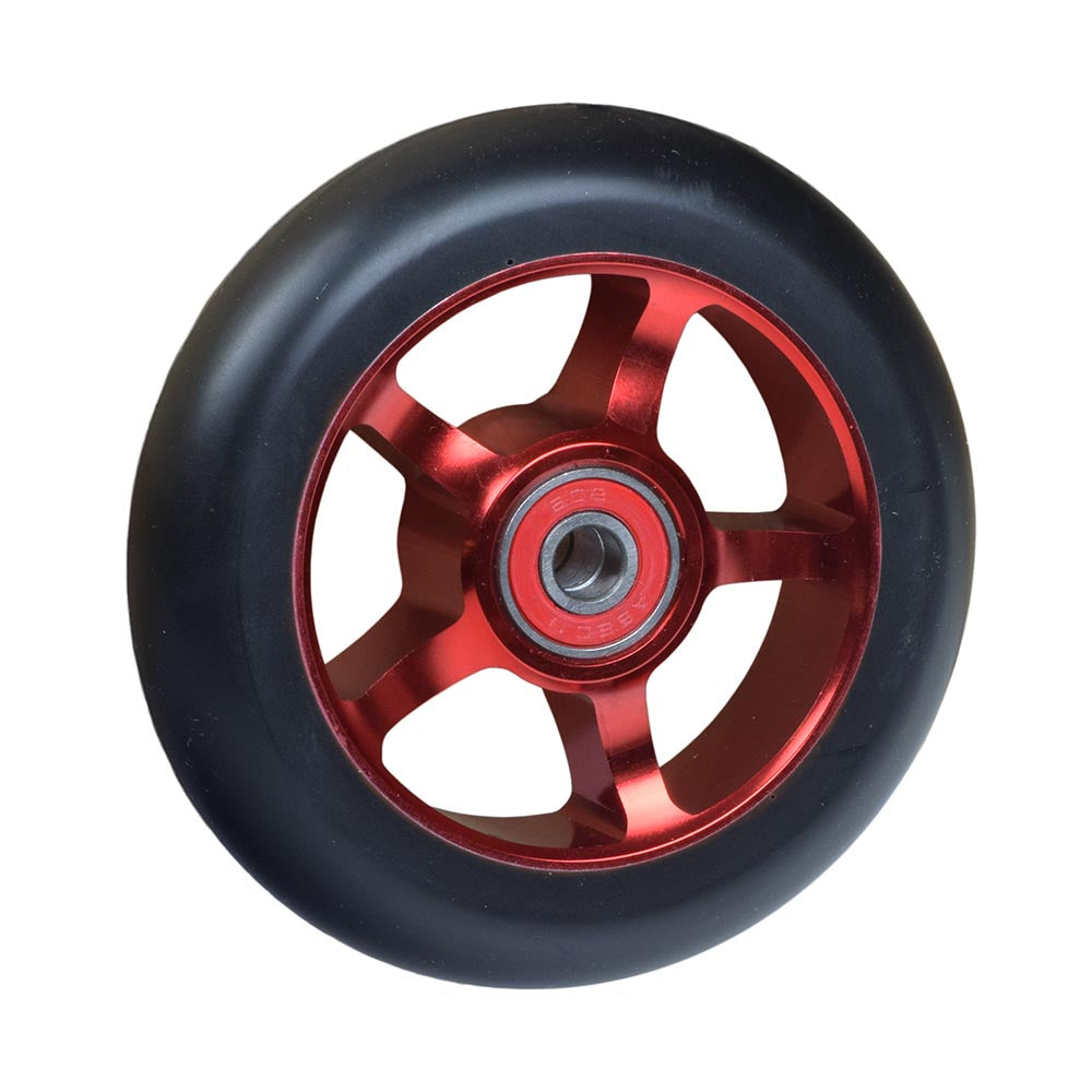 100 mm Pro Kick Scooter Wheel with 5-Spoke Core (Set of 2), featuring a strong aluminum alloy build, pre-installed 608 ABEC-9 bearings, and a spacer for easy installation.