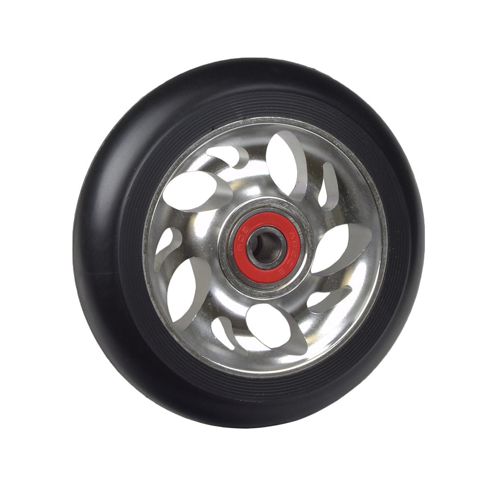 100 mm Pro Kick Scooter Wheel with 5-Spoke Pinwheel Core, featuring a sleek metal rim and pre-installed 608 ABEC-9 bearings, perfect for enhancing performance and style.