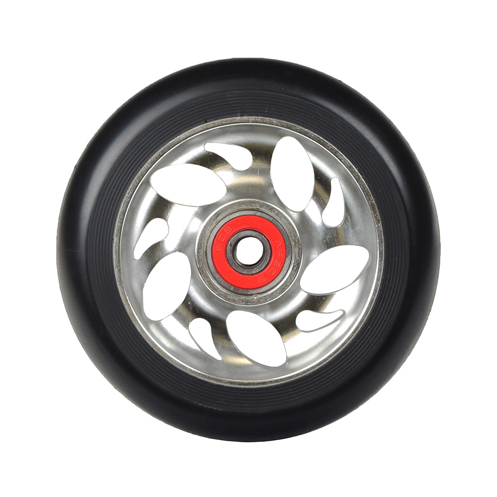 100 mm Pro Kick Scooter Wheel with 5-Spoke Pinwheel Core, featuring a red center and pre-installed 608 ABEC-9 bearings. The lightweight alloy construction ensures durability and performance for pro-level riding.