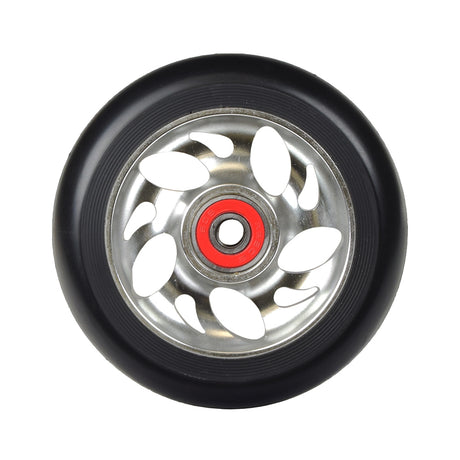 100 mm Pro Kick Scooter Wheel with 5-Spoke Pinwheel Core, featuring a red center and pre-installed 608 ABEC-9 bearings. The lightweight alloy construction ensures durability and performance for pro-level riding.