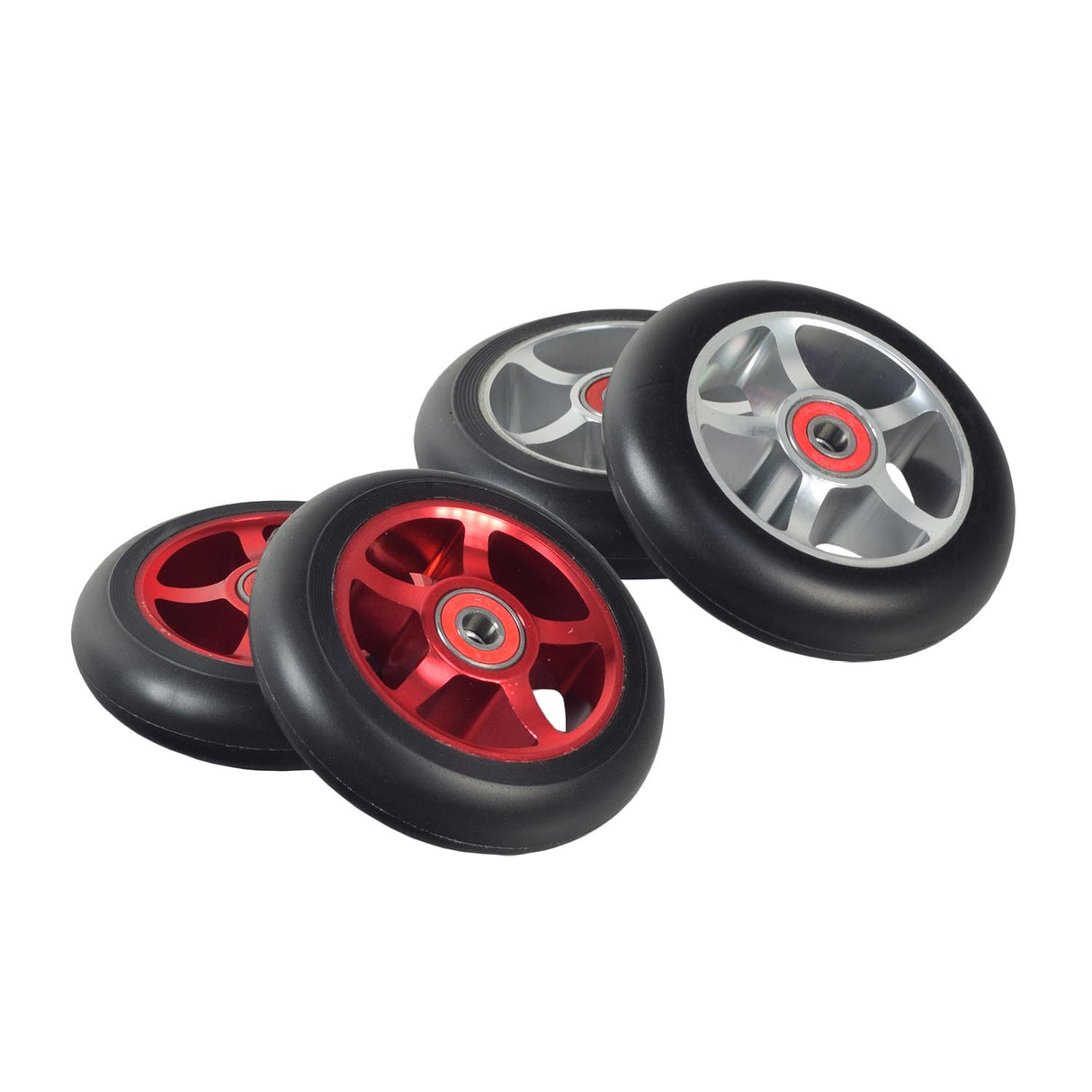 100 mm Pro Kick Scooter Wheel with 5-Spoke Core (Set of 2), featuring black and red 5-spoke design, pre-installed 608 ABEC-9 bearings, and spacer for immediate use.