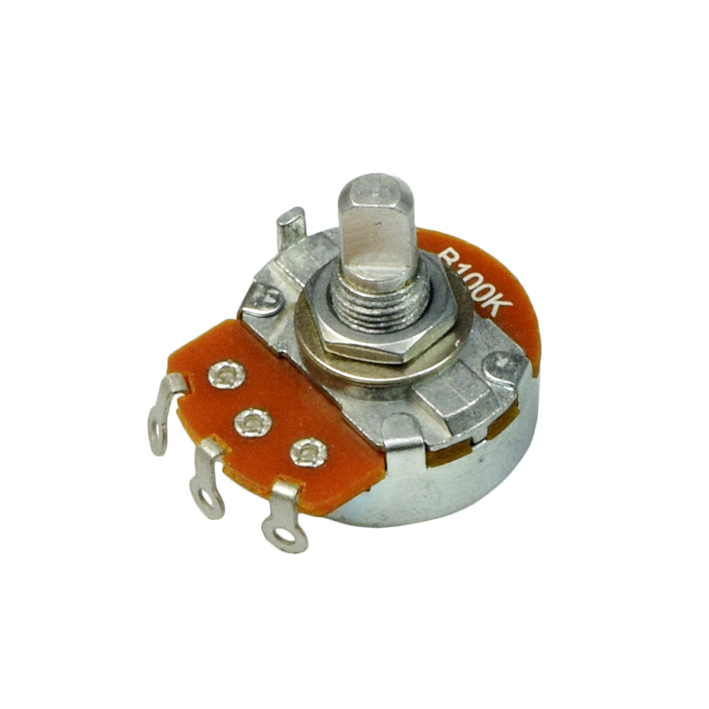 Close-up of the 100K Ohm Speed Potentiometer with D-Shaft, highlighting its metal components, screw, and nut. Ideal for DIY installation on various mobility scooters.