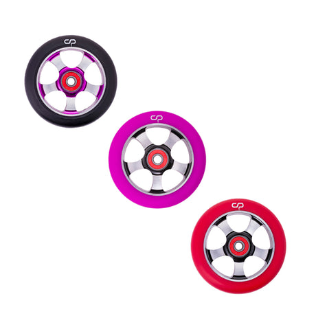 100 mm Crisp 5-Spoke Kick Scooter Wheels in various colors, featuring super high rebound 88A polyurethane, with bearings and spacer pre-installed. Sold individually for mix and match options.