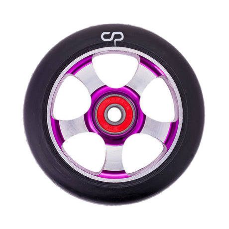 100 mm Crisp 5-Spoke Kick Scooter Wheel with a sturdy black design and distinctive purple rim. Made of high rebound 88A polyurethane, it includes pre-installed bearings and spacer.