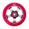 100 mm Crisp 5-Spoke Kick Scooter Wheel featuring a red design with a silver rim, a metal center, and pre-installed bearings and spacer.