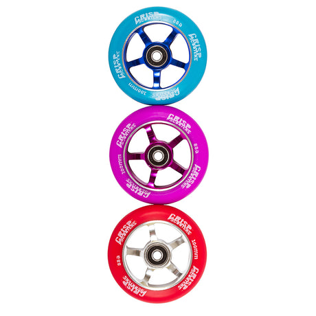 100 mm Wheel for the Crisp Blaster Kick Scooter, featuring a close-up view of high rebound polyurethane wheel with pre-installed bearings and spacer, ideal for replacing or customizing scooter wheels.