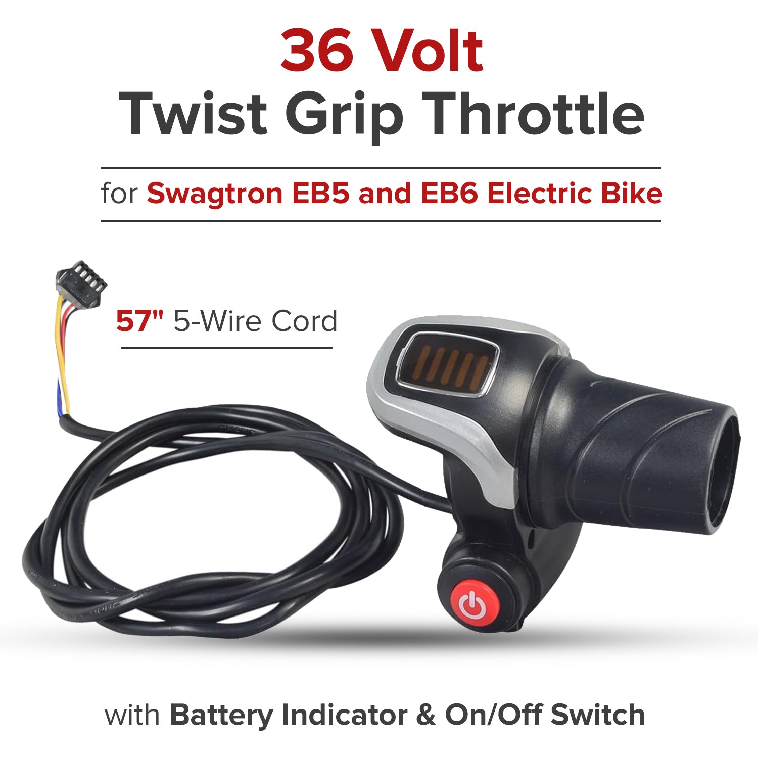 36 Volt Twist Grip Throttle with Battery Indicator & On/Off Switch for the Swagtron EB5 Electric Bike