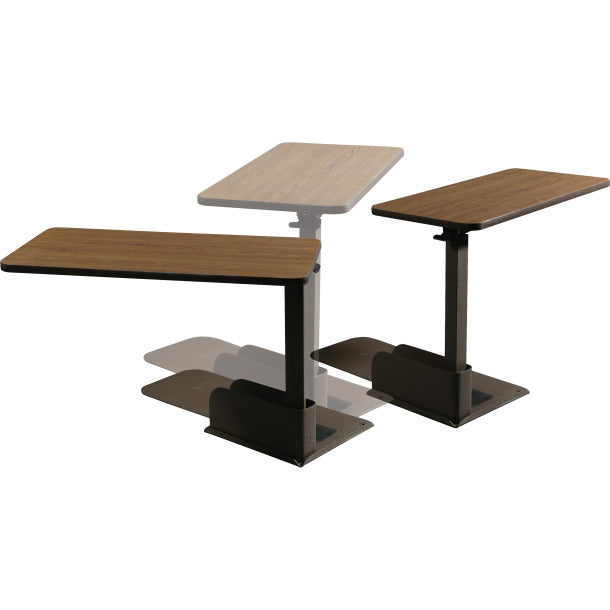 Seat Lift Chair Side Table with a metal base and teak-grained laminate finish, adjustable height, and built-in magazine rack, shown in various configurations including close-up and group views.