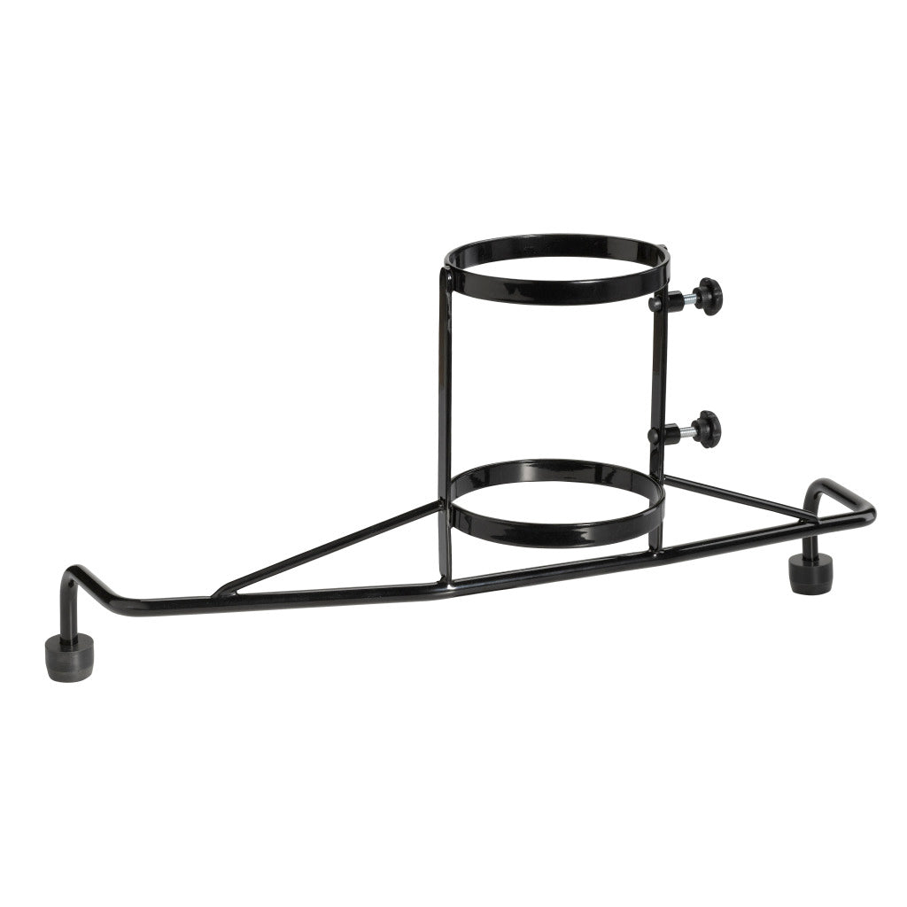 Oxygen Tank Holder for Drive Medical Nitro Series Rollators - a black metal stand with three supporting rings on wheels, designed to securely mount oxygen tanks to the front end of Nitro rollators.