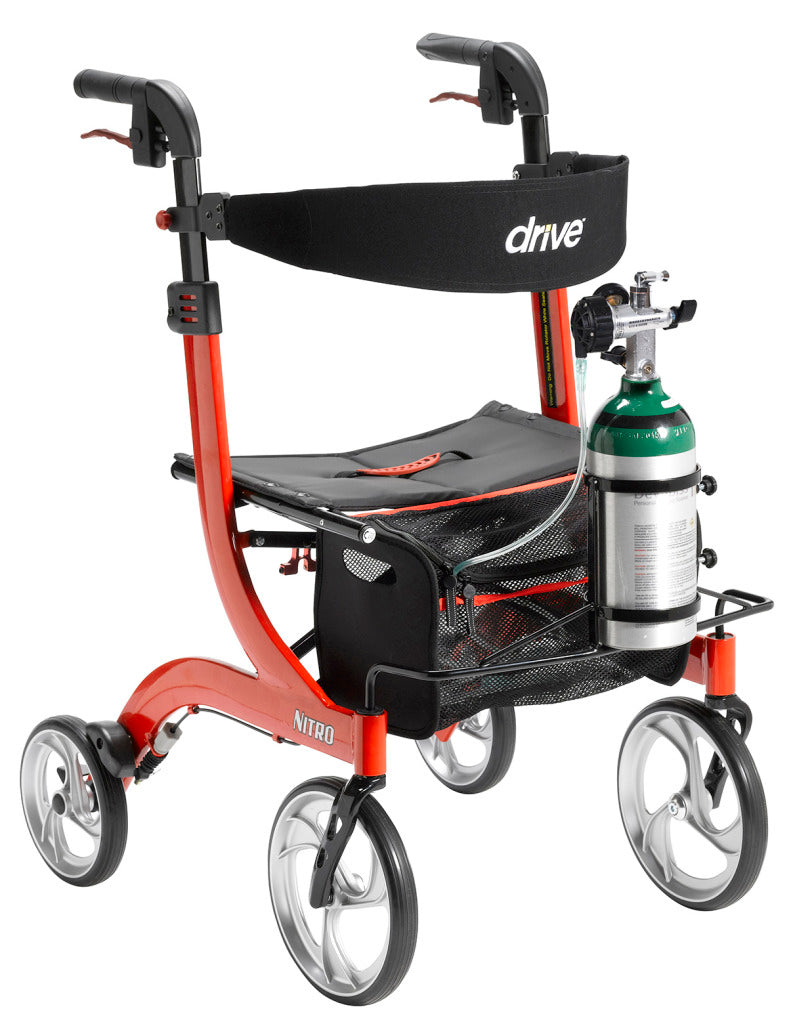 Oxygen Tank Holder for Drive Medical Nitro Series Rollators shown mounted on a red and black walker, featuring a secure black basket and seat, with visible wheels and sturdy construction.