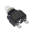 10 Amp (10A) 32VDC 125/250VAC Push-Button Reset Circuit Breaker with 1/4 Tab Terminals, featuring a black and silver design with a protective clear plastic boot, close-up view.