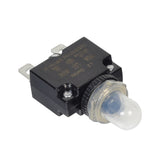 10 Amp (10A) 32VDC 125/250VAC Push-Button Reset Circuit Breaker with a clear light bulb cover, displayed in a close-up view, highlighting its protective plastic boot and easy-to-install design.