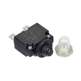 10 Amp (10A) 32VDC 125/250VAC Push-Button Reset Circuit Breaker with 1/4 Tab Terminals, featuring a small black device with a clear plastic protective cap and a black knob.