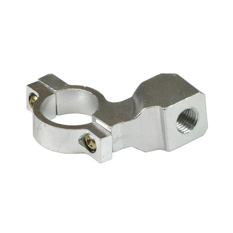 10 mm Handlebar Mirror Mount Clamps, shown as a close-up of a silver metal object with screws, designed for mounting 10 mm threaded mirrors onto standard 7/8 handlebars.