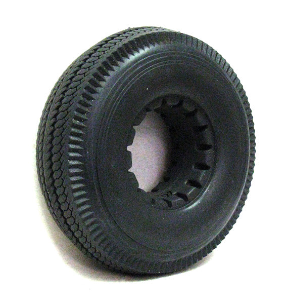 10x3 (410 x 350-4) Dark Gray Solid Urethane Mobility Scooter Tire with Sawtooth Tread, featuring a hole in the center and durable, flat-free design.