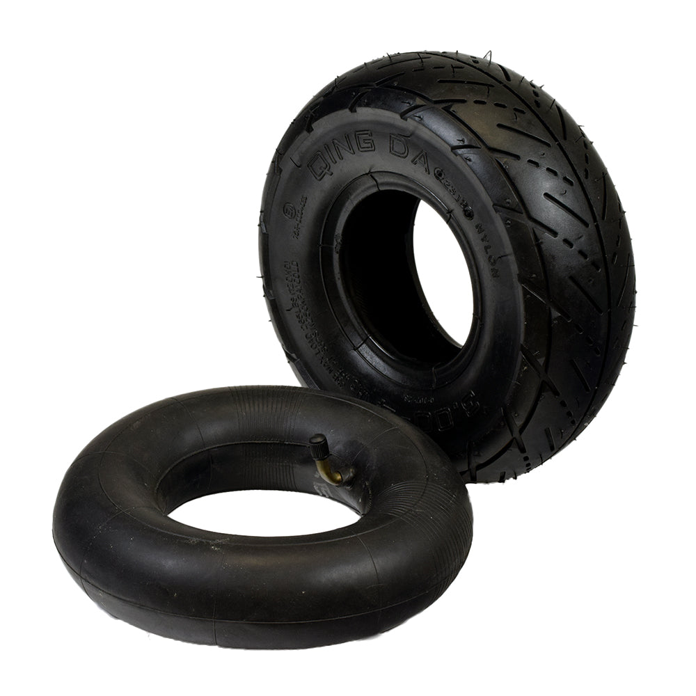 10x3.50-4 (3.00-4) Tire and Tube Set for Minimoto Sport Racer, showing two black rubber tires side by side, designed to replace worn or damaged bike tires.