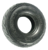 10x3.50-4 (3.00-4) Tire and Tube Set for Minimoto Sport Racer, featuring a close-up of the black tire with tread detail and the central hole. Ideal for replacing worn bike tires.