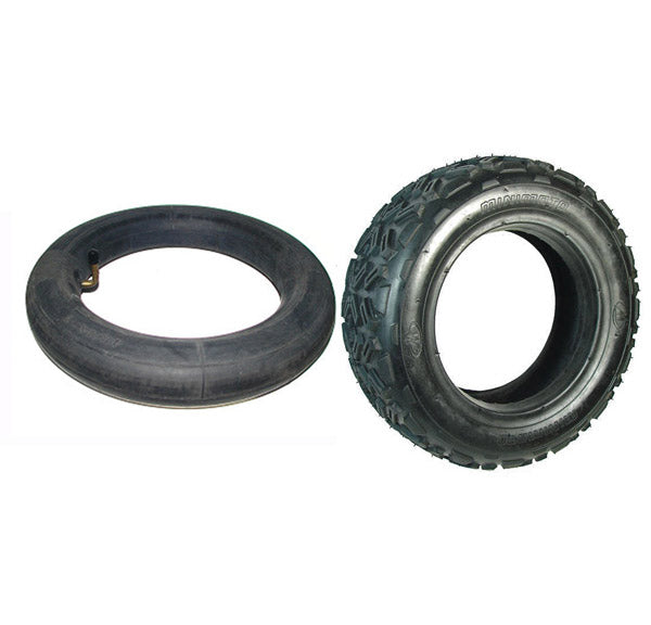 10x4-6 Tire and Tube Set for the Minimoto ATV and Jeep Dune Buggy, featuring a close-up of the tire with visible tread and metal handle. Perfect fit for Minimoto ATV and Jeep Dune Buggy.