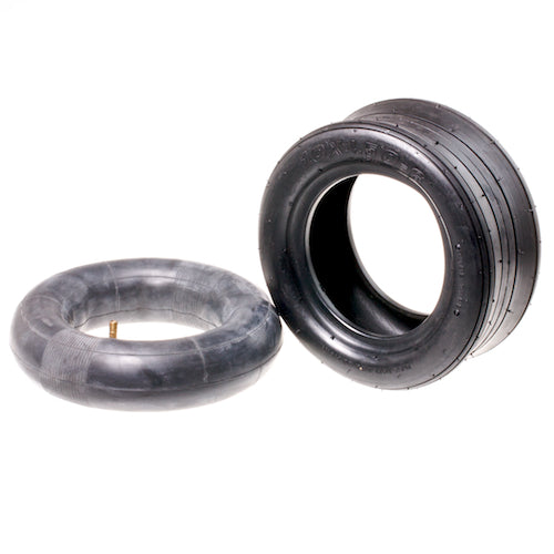 10x4.50-6 Front Tire and Tube for Minimoto Go-Kart, featuring a black tire and a grey tire, with a visible rubber tube and gold stem, designed for 6 rims.