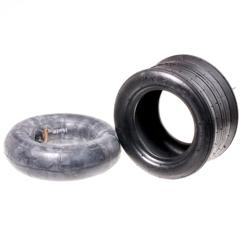 10x5.50-6 Rear Tire and Tube for Minimoto Go-Kart, featuring a close-up view of the tire and inner tube, suitable for 6 rims, showcased with a pair of tires.