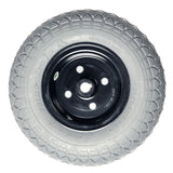 4.10/3.50-5 Flat-Free Drive Wheel Assembly for the PaceSaver Scout M Series Power Chair, featuring a black rim and 11 tire, ideal for dependable, flat-free performance indoors or outdoors.