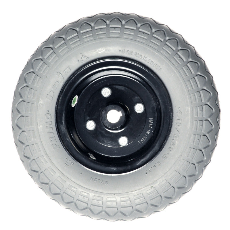 4.10/3.50-5 Semi-Pneumatic Drive Wheel Assembly for the PaceSaver Scout M Series Power Chair, featuring an 11 black rim and split-rim design, ideal for flat-free performance.