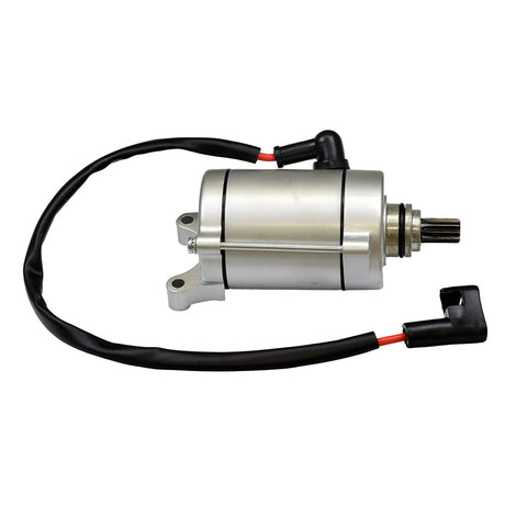 11 Tooth Starter Motor for 125cc/150cc & 250cc ATVs, Dirt Bikes, & Go Karts, featuring a silver cylindrical body with attached black wires and a visible black pipe connector.