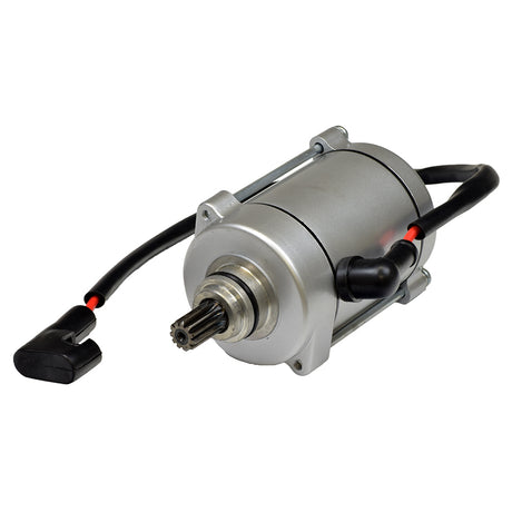 11 Tooth Starter Motor for 125cc/150cc & 250cc ATVs, Dirt Bikes, & Go Karts, featuring a silver body with black wires and an 11 tooth shaft.