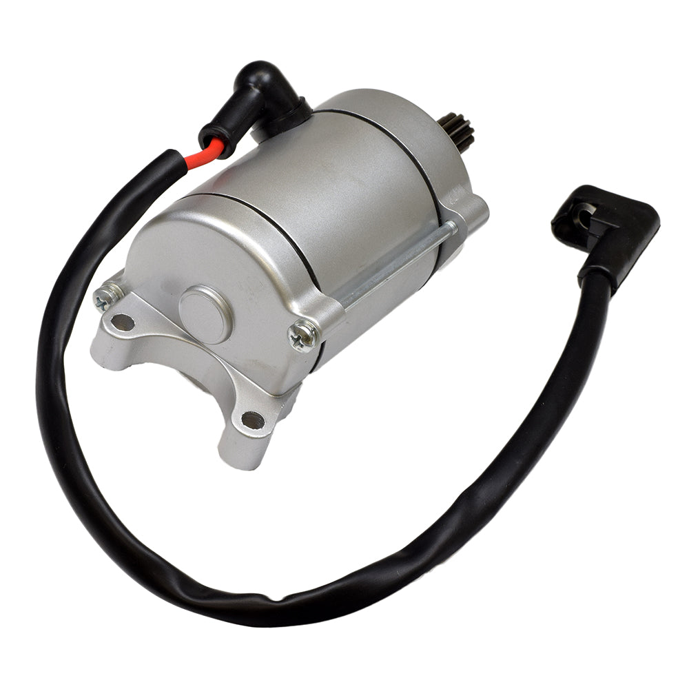 11 Tooth Starter Motor for 125cc/150cc & 250cc ATVs, Dirt Bikes, & Go Karts features a silver cylindrical body with black wires and an 11 tooth shaft, essential for engine ignition.