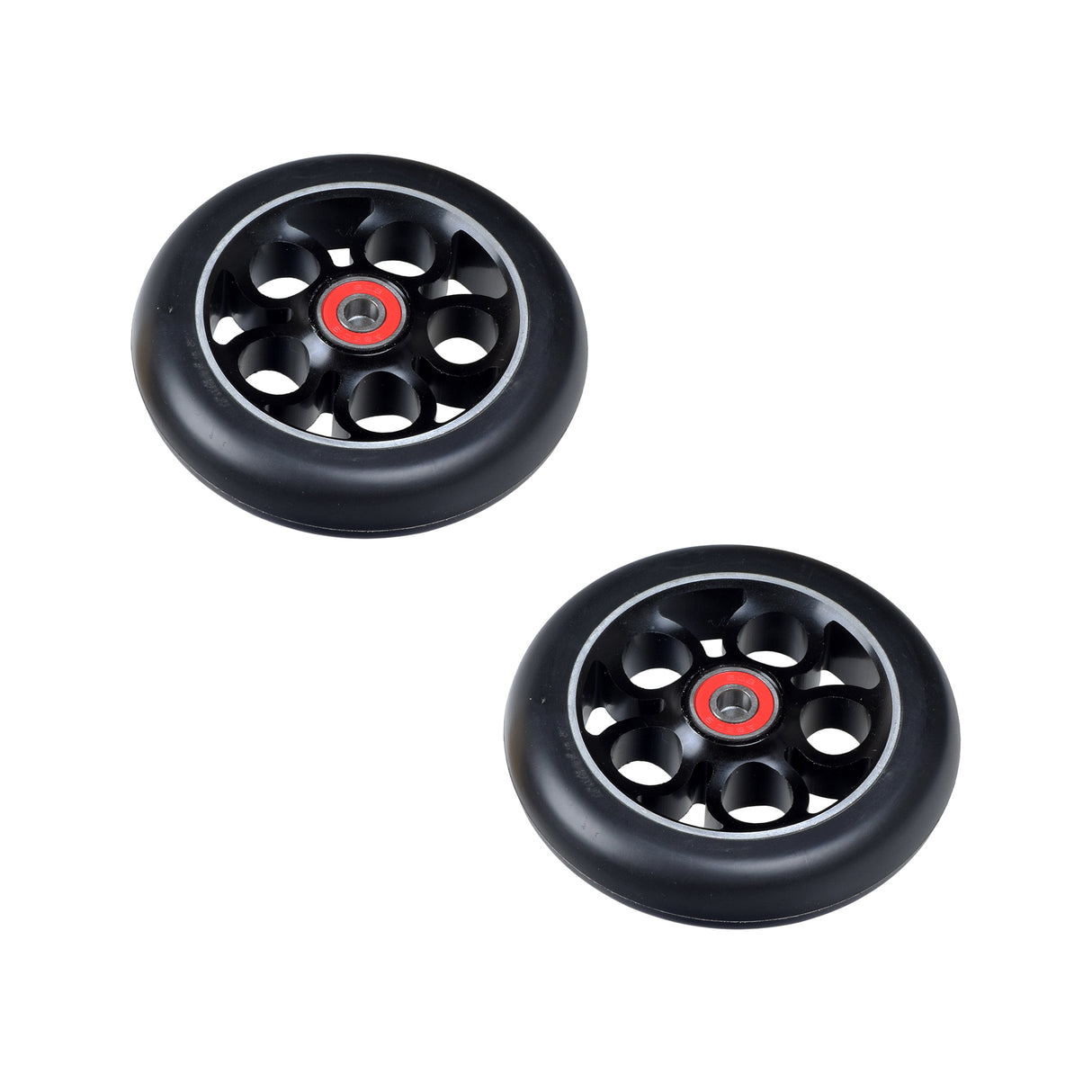 110 mm Pro Replacement Wheels for Fuzion Z250 & Z300 Pro Kick Scooters (Set of 2), featuring black heavy-duty rubber tires and red-centered 5-clover metal alloy hubs. Ideal for strength and durability.