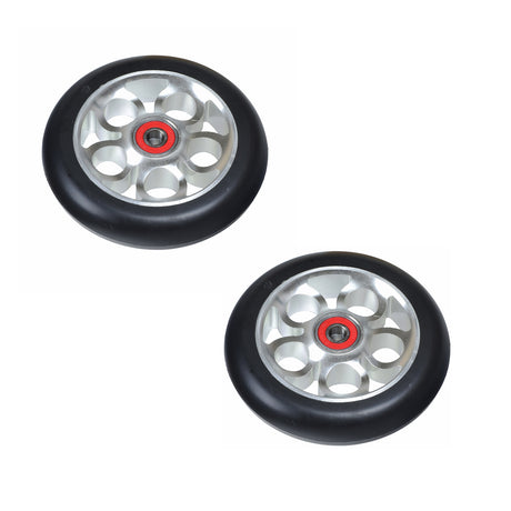 110 mm Pro Replacement Wheels for Fuzion Z250 & Z300 Pro Kick Scooters (Set of 2); black rubber tires on strong 5-clover metal alloy hubs, perfect for professional scooter riders seeking durability.