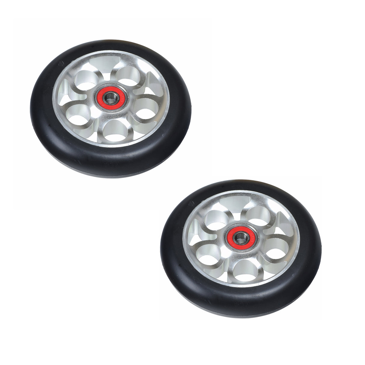 110 mm Pro Kick Scooter Wheel with 5-Clover Core (Set of 2) featuring black rims and silver accents, designed with heavy-duty rubber and a strong metal alloy hub for durability and performance.