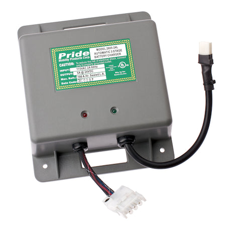 24 Volt 5 Amp On-Board Charger for Pride Legend XL (SC3450) Mobility Scooters, featuring a grey electronic device with black wires and a green label with white text.