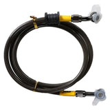 Braided Brake Line for Scooters: A black and yellow braided hose with stainless steel casing, clear protective covering, and included threaded banjos and washers for enhanced braking performance.