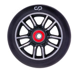 110 mm Crisp F1 Forged Kick Scooter Wheel featuring a black tire with a red center hub, made from strong alloy and 88A polyurethane, sold individually with pre-installed ABEC-9 bearings and spacer.