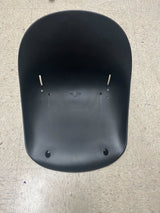 Black Plastic Seat for Go-Karts & Drift Trikes (Blemished) on a tile floor, featuring a low-back design with multiple mounting and drain holes, and safety lap belt slits in the seatback.