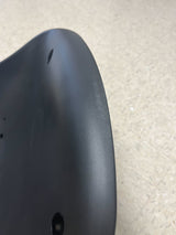 Black Plastic Seat for Go-Karts & Drift Trikes (Blemished) shown with a low-back design, four mounting holes, six rear drain holes, and vertical slits for a safety lap belt.