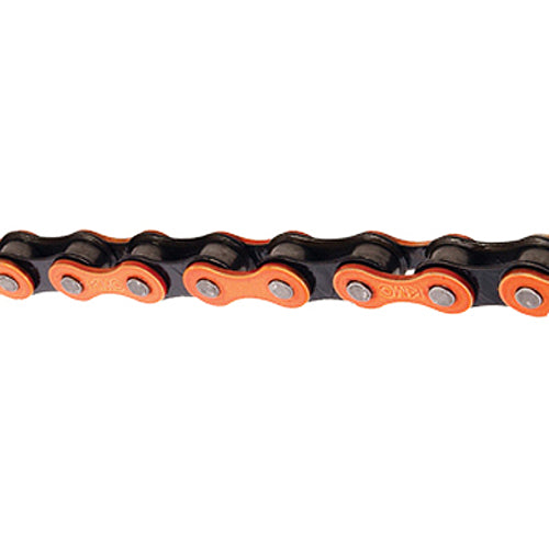 Close-up of the 112 Link 1/8 Orange & Black Bicolor Bike Chain with Master Link, showcasing its sturdy design and intricate links ideal for single speed and e-bike models.