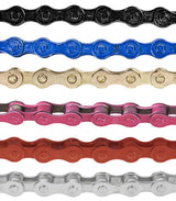 112 Link 1/2 x 1/8 Bike Chain with Master Link displayed in a row, showcasing different colored chains, ideal for BMX or single speed bikes, including a close-up of chain details.