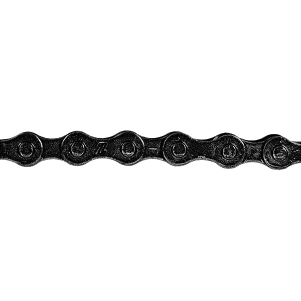 112 Link 1/2 x 1/8 Bike Chain with Master Link, shown as a close-up of a black chain, highlighting its durable metalware links.