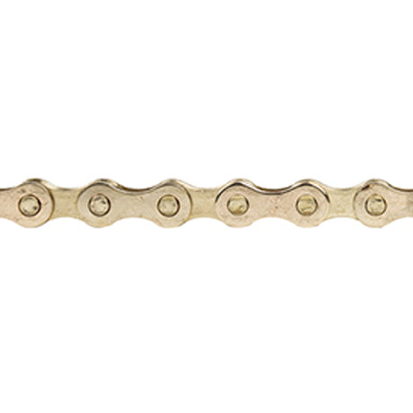 112 Link 1/2 x 1/8 Bike Chain with Master Link, close-up of the metal chain showing detailed links and holes, ideal for BMX, Fixie, and track racing bikes.